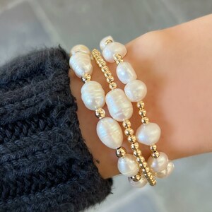 Pearl and Gold Bead Stretch Bracelets - 14k Gold Filled - Freshwater Pearl - Waterproof Tarnish-Resistant Bracelet - Everyday Wear - Summer