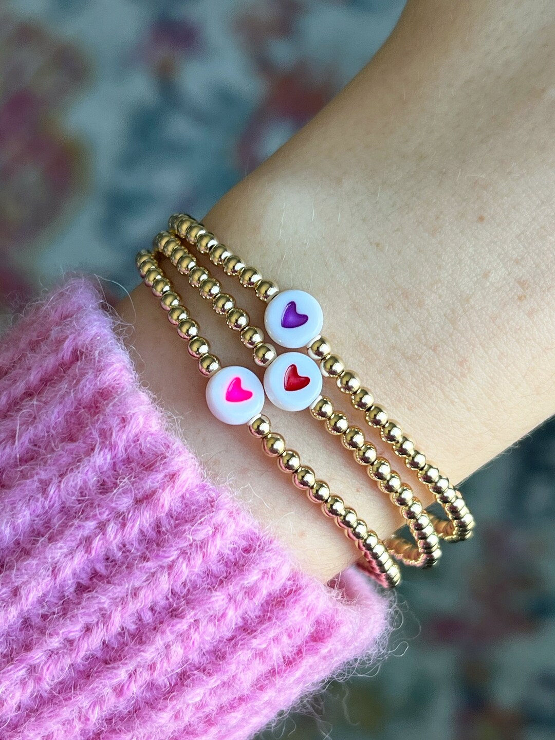 Gold Bead Heart Bracelets 14k Gold Filled Waterproof Bracelets Red