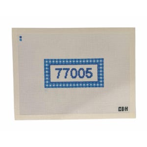 May include: A rectangular needlepoint canvas featuring a white mesh background with a central blue border pattern surrounding the number 77005 in blue. The design includes a small blue grid mark in the top left corner and the letters CBH in black.