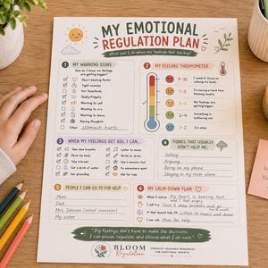 Puede incluir: Una hoja de trabajo impresa titulada My Emotional Regulation Plan que incluye secciones para señales de advertencia, un termómetro de sentimientos, estrategias de afrontamiento, conductas poco útiles, contactos y un plan de calma.
