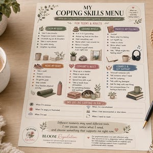 以下が含まれることがあります： ティーンエイジャーと大人向けの「My Coping Skills Menu」と題された印刷物。身体の落ち着き、グラウンディング、感情の処理、身体の動き、快適さ、サポートに関するセクションがあり、明るい背景にイラストとテキストが配置されています。