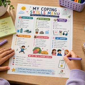 以下が含まれることがあります： カラフルなイラストと、心を落ち着かせる、自分を整える、感情を表現する、体を動かす、自分を慰める、サポートを得るためのテキストセクションが記載された「My Coping Skills Menu」アクティビティシート。下部には「My Top 5 Coping Skills」セクションがあります。