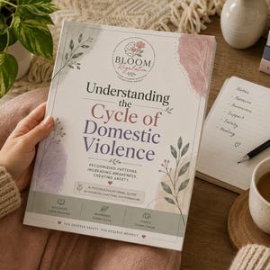 Könnte beinhalten: Ein Softcover-Buch mit dem Titel Understanding the Cycle of Domestic Violence und einem Blumenmuster auf dem Einband. Der Text enthält den Untertitel Recognizing Patterns, Increasing Awareness, Creating Safety sowie den Satz You deserve safety, you deserve respect.