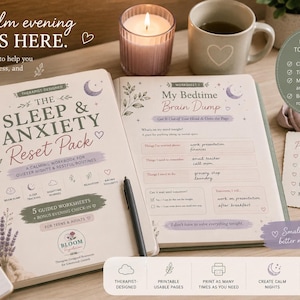 May include: A spiral-bound workbook titled The Sleep & Anxiety Reset Pack with a matching open worksheet page titled My Bedtime Brain Dump. The pages feature lavender and moon illustrations, a black pen, a lit candle, and a mug with a heart.