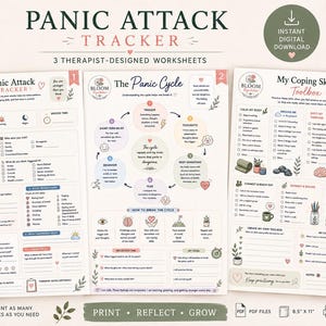 Puede incluir: Tres hojas de trabajo diseñadas por terapeutas tituladas Panic Attack Tracker, The Panic Cycle y My Coping Skills Toolbox. Estos documentos incluyen listas de verificación, diagramas y sugerencias para la regulación emocional en papel blanco.