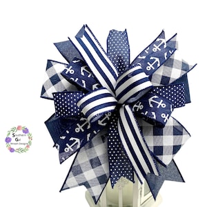 Navy and White Nautical Wreath Bow, Beach Bow Decor, Summer Wreath Bow, Coastal Lantern Bow, Door Hanger Bow, Anchor Ribbon