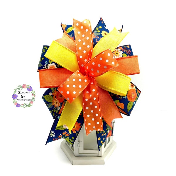 Colorful Summer Wreath Bow, Navy and Orange Floral Bow, Lantern Topper Bow,  Mailbox Bow, Gift For Her, Spring Lantern Bow, Door Hanger Bow