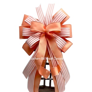 Peach Striped Beach Bow, Nautical Door Decor, Nautical Wreath Bow, Nautical Lantern Bow, Summer Lantern Bow, Coastal Wreath Bow