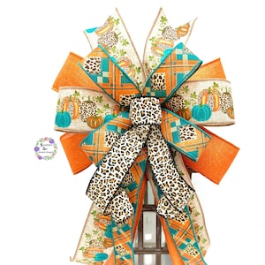 Fall Bow For Wreath, Teal & Orange Fall Bow, Autumn Accent Bow, Fall Lantern Topper, Thanksgiving Bow, Leopard Print Ribbon Bow