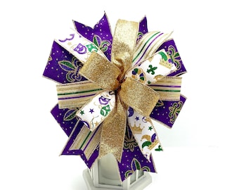 Mardi Gras Wreath Bow, Mardi Gras Decor, Fleur De Lis Bow, Lantern Topper Bow, Mardi Gras Ribbon, New Orleans Bow, Wreath Bow, Carnival Bow