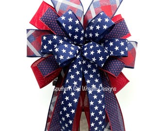 Patriotic Bow For Wreath, Patriotic Ribbon, Red, White & Blue Bow, Wreath Bow, Lantern Bow, Mailbox Bow, July 4th Bow, Tree Topper Bow