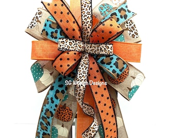 Fall Bow For Wreath, Teal & Orange Fall Bow, Autumn Accent Bow, Fall Lantern Topper, Thanksgiving Bow, Leopard Print Ribbon Bow