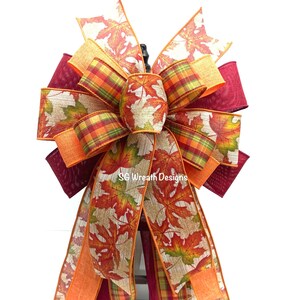 Burgundy and Orange Fall Farmhouse Wreath Bow, Thanksgiving Bow,  Lantern Topper Bow, Fall Accent Bow, Fall Leaf Ribbon Tree Topper Bow