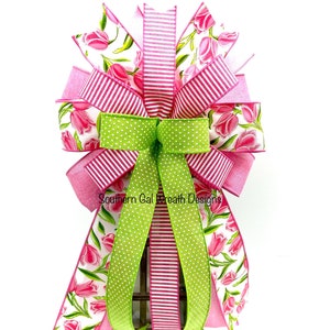 Pink & Green Tulip Spring Wreath Bow, Tulip Ribbon,  Lantern Bow, Mailbox Bow, Bow for Wreath, Farmhouse Bow, Swag Bow, Gift For Her