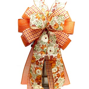 Fall Farmhouse Pumpkin Ribbon Bow For Wreath, Thanksgiving Bow, Autumn Lantern Decor for Fall, Wreath Bow
