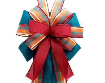 Teal & Burgundy Fall Plaid Wreath Bow, Autumn Accent Bow, Bow For Wreath, Fall Lantern Topper Bow, Door Hanger Bow, Fall Bow Decor