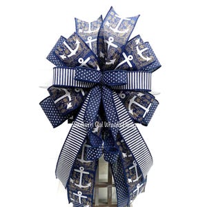 Navy and White Nautical Wreath Bow, Beach House Bow Decor, Anchor Ribbon, Coastal Bow, Nautical Lantern Bow, Summer Wreath Bow