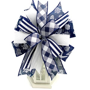 Beach House Bow Decor, Coastal Bow, Lantern Bow, Nautical Wreath Bow, Summer Wreath Bow, Sea Shell Ribbon, Door Hanger Bow