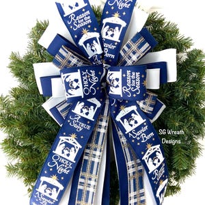 Large Navy and White Nativity Tree Topper Bow, Religious Decor, Christmas Wreath Bow