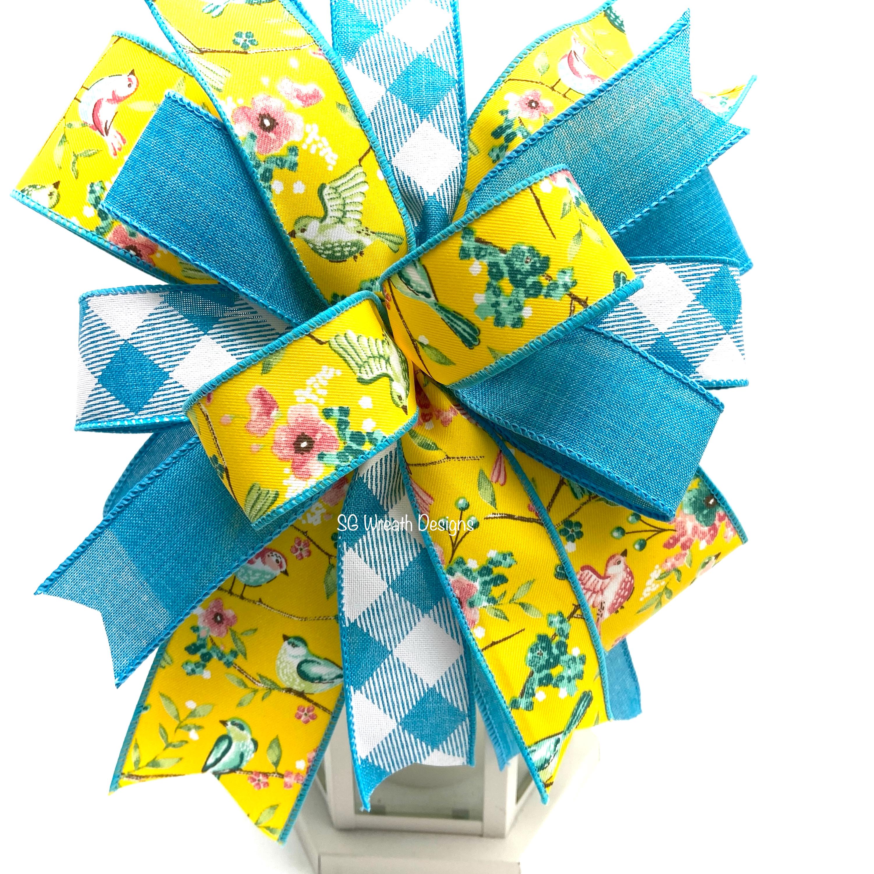 Spring and Summer Wreath Bow, Lantern Topper, Yellow Floral Bird Ribbon ...