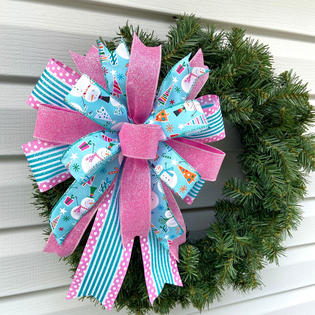 Snowman Ribbon Bow Tree Topper Bow Pink Christmas Tree Bow Etsy