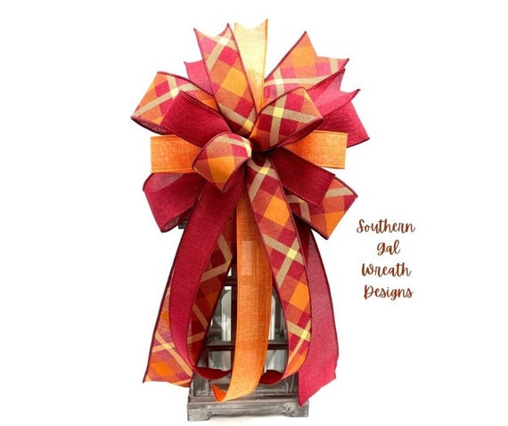 Burgundy & Orange Fall Plaid Wreath Bow, Thanksgiving Bow Decor, Fall Ribbon, Fall Bow For Lantern, Mailbox Bow, Housewarming Gift