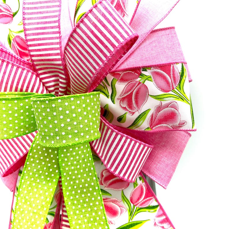 Spring Floral Tulip Ribbon for Wreath or Lantern, Pink Bow, Mailbox Bow ...