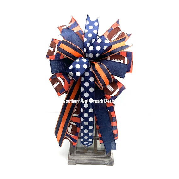 Orange and Navy Football Wreath Bow, Football Ribbon, College Bow Decor, Lantern Bow, Tailgating Bow, Tree Topper Bow