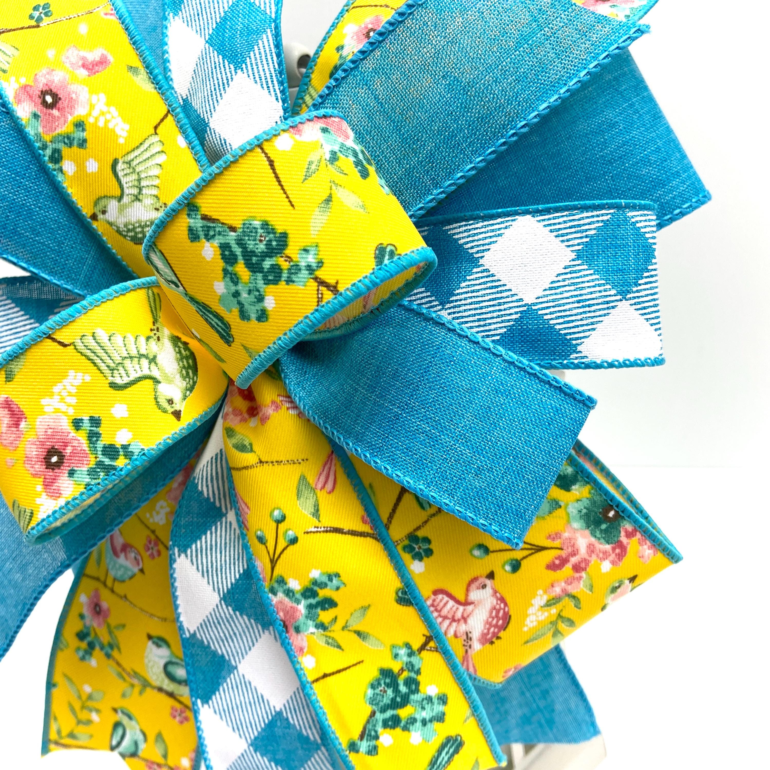 Spring and Summer Wreath Bow, Lantern Topper, Yellow Floral Bird Ribbon ...