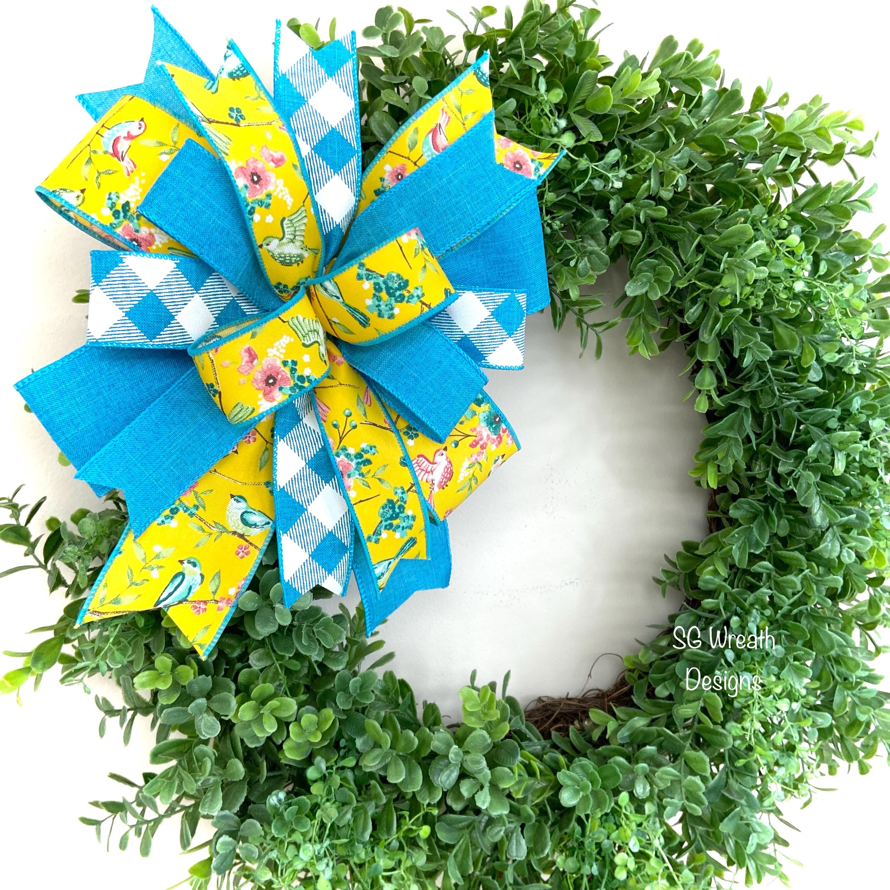 Spring and Summer Wreath Bow, Lantern Topper, Yellow Floral Bird Ribbon ...