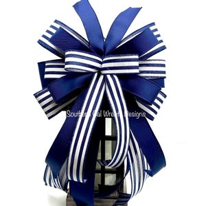 Navy and White Stripe Wreath Bow, Nautical Bow, Wreath Bow, Mailbox Bow, Large Lantern Bow, Coastal Bow, Everyday Bow Decor, Gift For Her