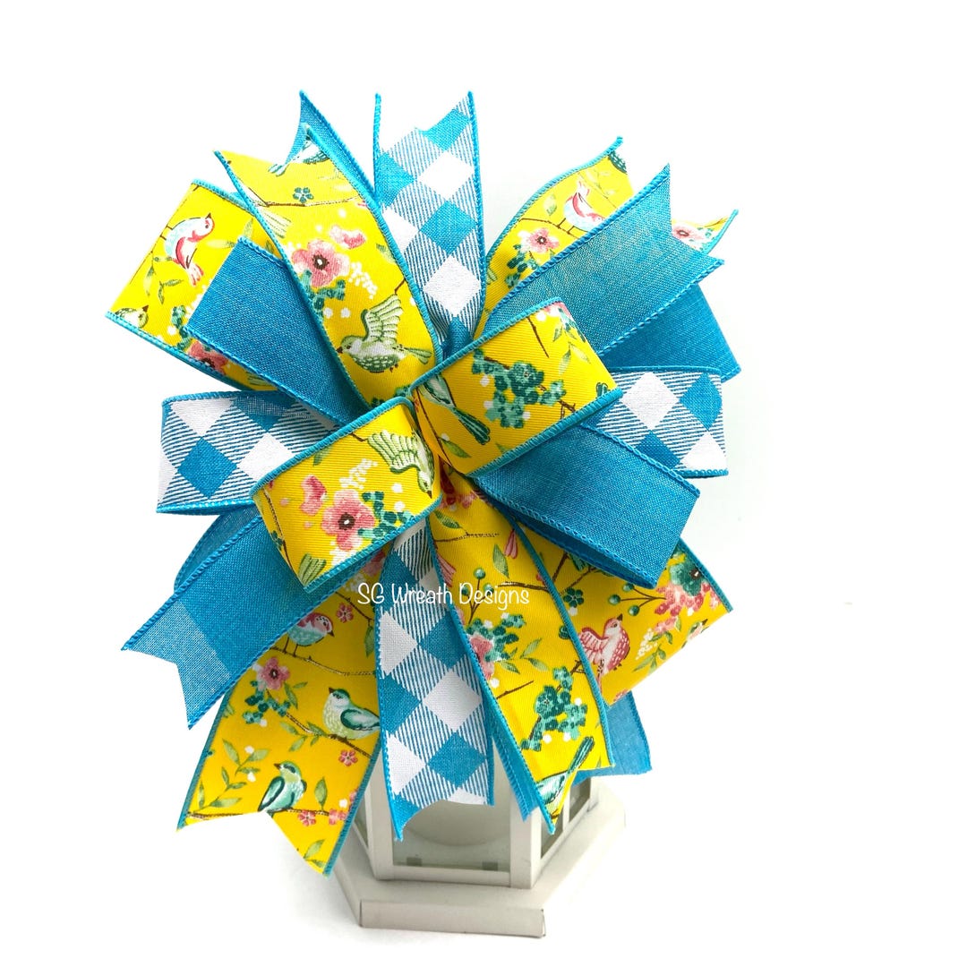 Spring and Summer Wreath Bow, Lantern Topper, Yellow Floral Bird Ribbon ...