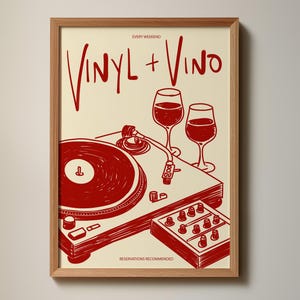 ビニール＆ワインプリント | 音楽ポスター | ホームデコレーション | ワイン | イラスト | レコード | バー | トレンディ | レトロ | キッチンダイニングルーム | ミッドセンチュリー
