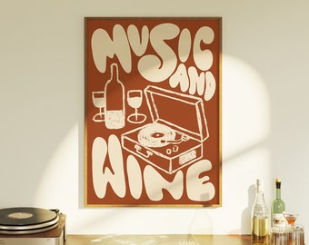 Música y vino / Impresión / Póster musical / Arte mural / Tipografía / Decoración de pared / Comida / Vino / Cocina / Ilustración / Disco / Vinilo / Bar