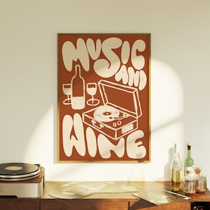 Musique et vin | Imprimer | Affiche de musique | Art mural | Typographique | Décoration murale | Alimentation | Vin | Cuisine | Illustration | Enregistrement | Vinyle | Barre