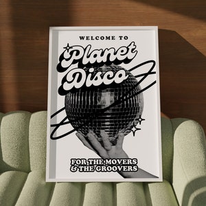 Planet Disco | Retro | Disco Print | Music Poster | Wall Art | A5 A4 A3 | Bold | Typographic | Disco Ball | Black and White