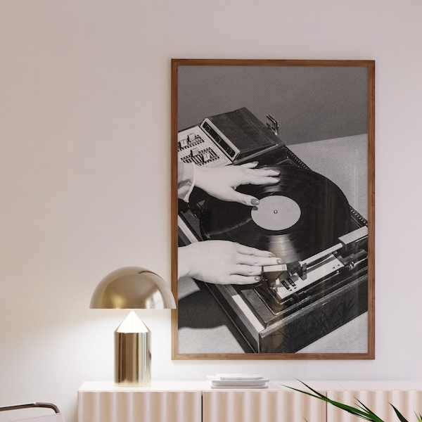 Impression DJ | Lecteur de vinyle | Tourne-disque | Rétro | Impression disco | Affiche de musique | Art mural | A5 A4 A3 | Mur de la galerie | Noir et blanc