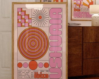 May include: A pink and orange geometric poster with the text "USHUAIA ibiza" and the words "Shapes of Ibiza Collection Series 004" at the bottom. The poster features a sun, circles, and squares.
