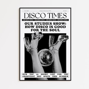 Disco Newspaper | Retro | Disco Print | Music Poster | Wall Art | A5 A4 A3 | Bold | Typographic | Gallery Wall | Black and White | Magazine