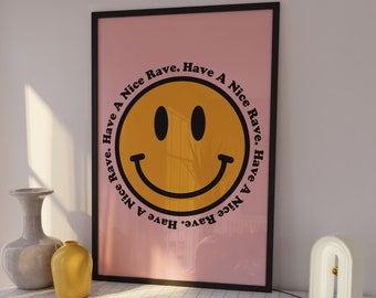 Acid Smile Face Print | Raving | Music Poster | Wall Art | A5 A4 A3 | House Music | Bold | Typographic | Quote | Wall Decor