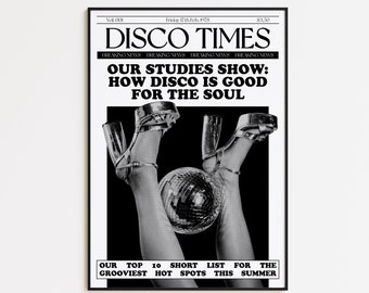 Disco Newspaper | Retro | Disco Print | Music Poster | Wall Art | A5 A4 A3 | Bold | Typographic | Gallery Wall | Black and White | Magazine