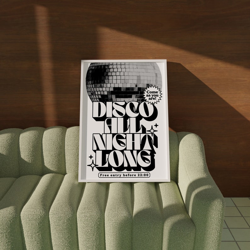 Disco All Night Long Retro Disco Print Music Poster Wall Art A5 A4 A3 Bold Typographic Disco Ball Black and White image 1
