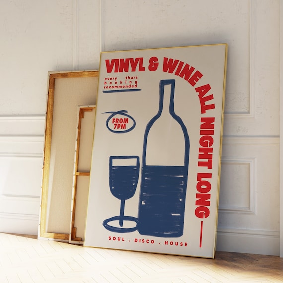 Wine & Vinyl Poster | Print | Music Poster | Wall Art | Wall Decor | Food | Kitchen | Illustration | Record | Wine | Retro | Funky | Bar |