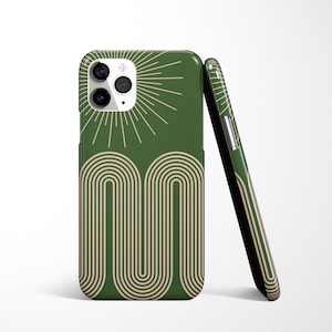 May include: Green smartphone case featuring a sunburst design and beige curved lines. A second case leans against the first, revealing the side design. The cases are for a mobile phone.