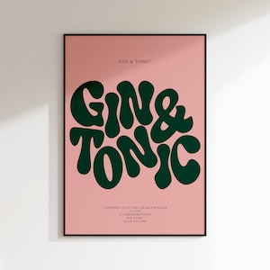 Impresión de Gin & Tonic / Cartel de cócteles / Arte de pared / A5 A4 A3 / Negrita / Tipográfico / Bebida / Bar / Impresión / Groovy / Funky