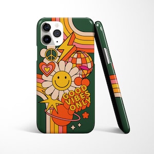 May include: A green phone case with a retro design featuring a smiley face, a peace sign, a lightning bolt, a cherry, and the text "Good Vibes Only".