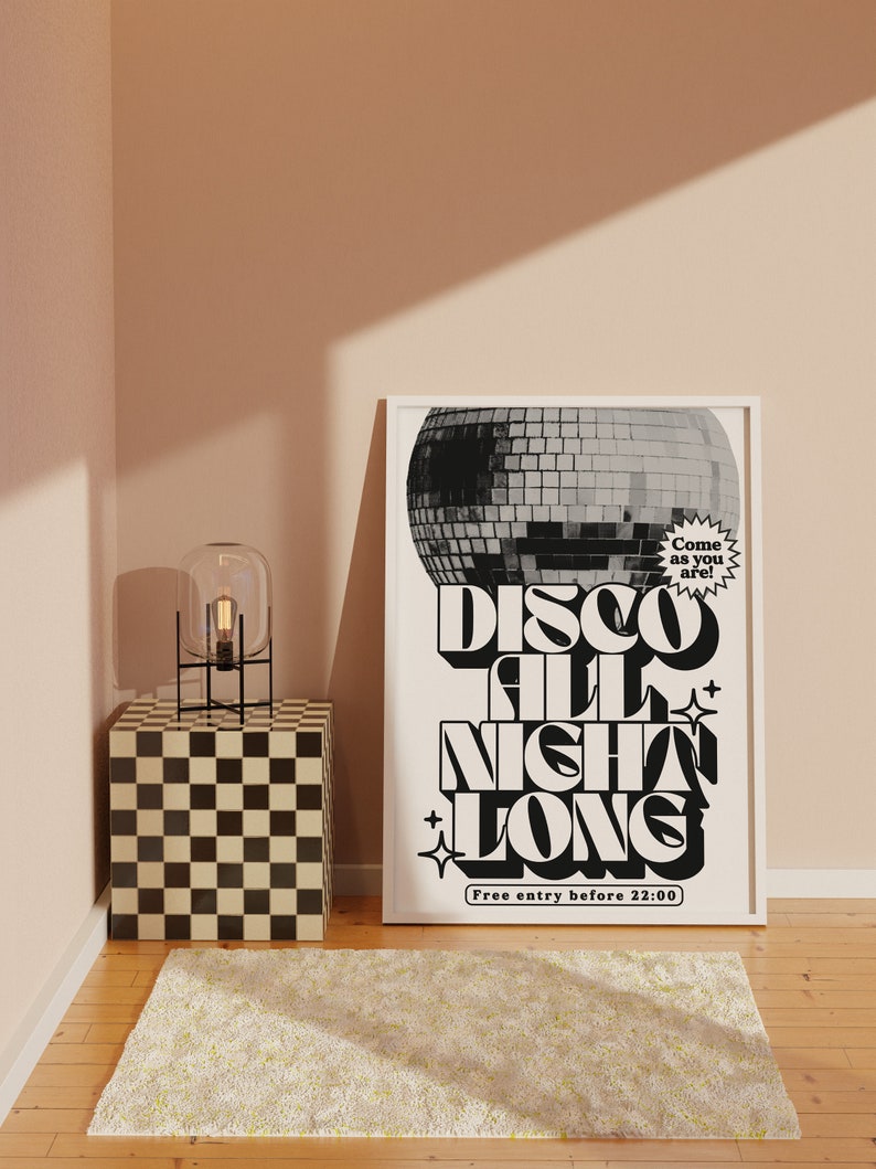 Disco All Night Long Retro Disco Print Music Poster Wall Art A5 A4 A3 Bold Typographic Disco Ball Black and White image 7