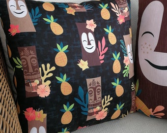 Mid Century Style Tiki Bob Patterned Tropical Cushion Pillow in Black by Clumsy Kate