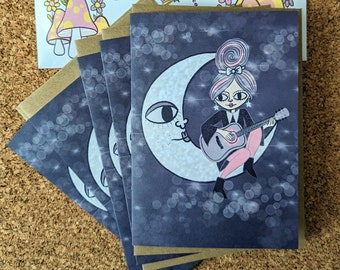 Moon child 60s bee hive girl with a guitar celestial illustrated greeting card set of 5 by Clumsy Kate