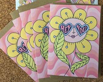 Sassy daisy with love heart sunglasses illustrated greeting card set of 5 by Clumsy Kate